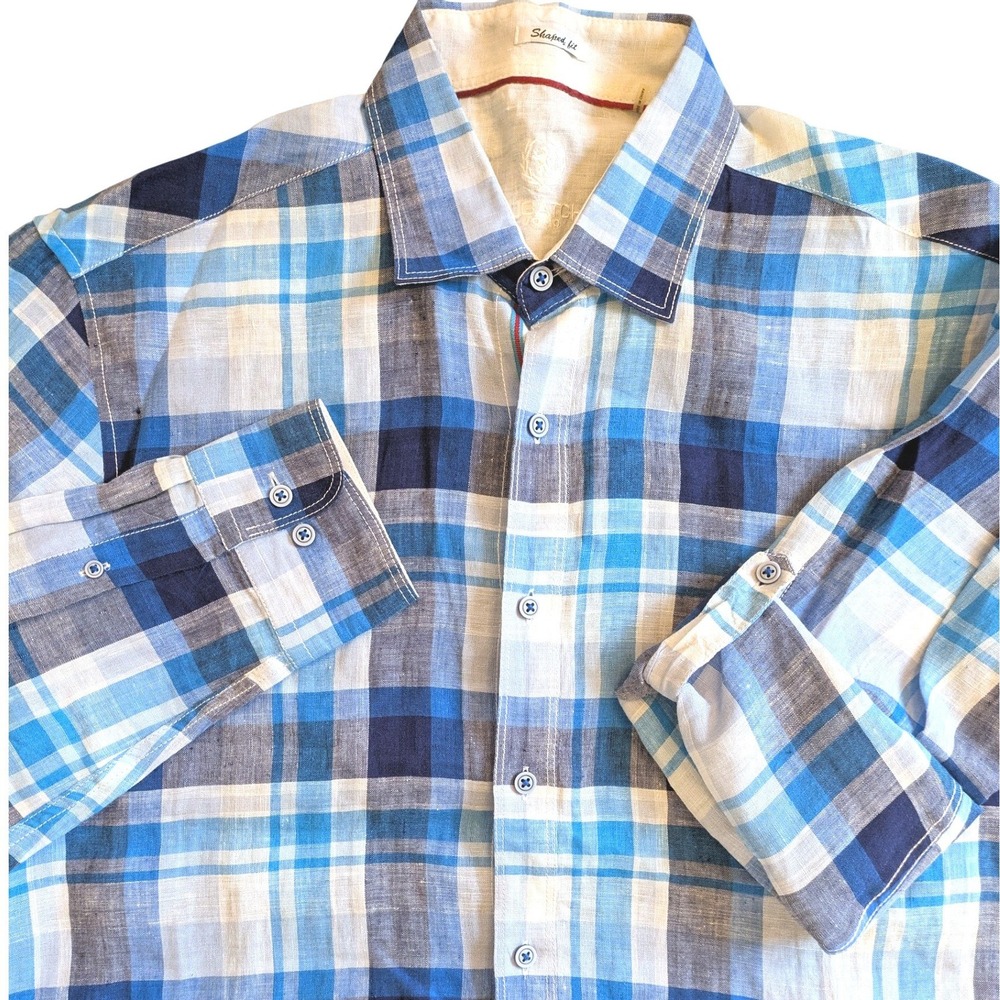 Bugatchi Uomo Mens Blue Plaid 100% Linen Shaped Fit Roll Tab Button Down Shirt L